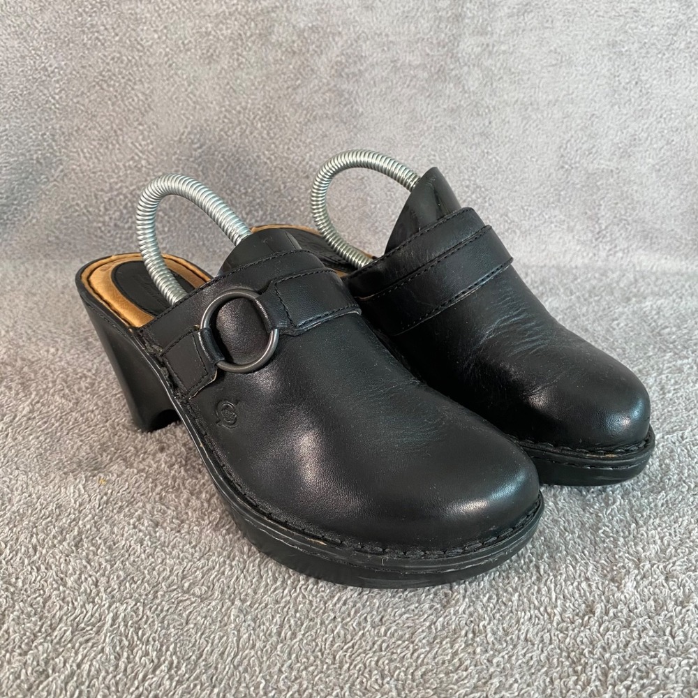 Y2K Born Womens Black Leather Heeled Clogs Size 7 Mules Ring Slip On Grunge 90s